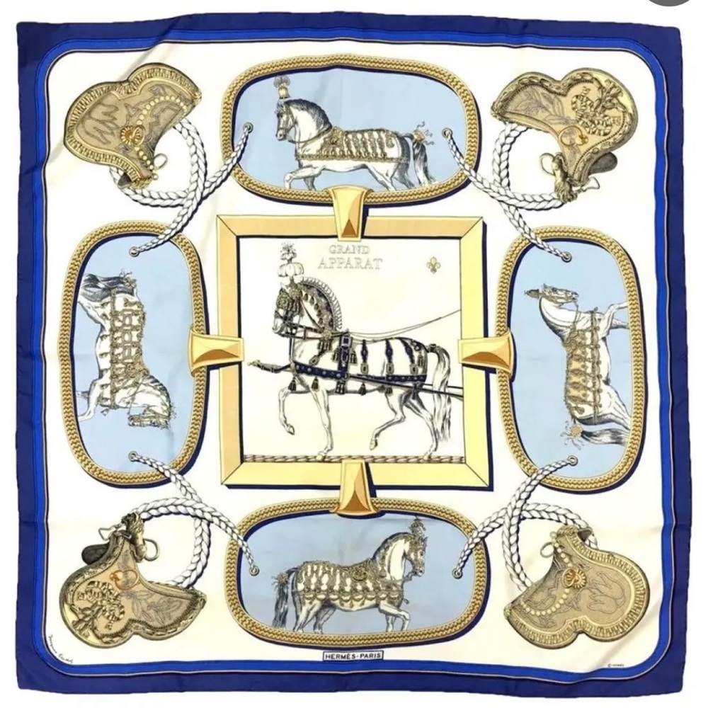 Hermes ‘ Grands Apparats Gorgeous blue, white, and gold square silk scarf 90 cm